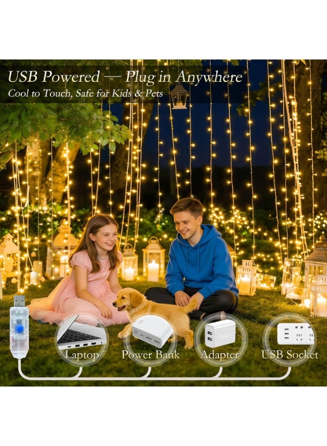 Hugifts USB Remote Control LED Curtain String Lights, 300 LEDs 9.8×9.8ft, 8 Lighting Modes with Timer, IP44 Waterproof Warm White for Bedroom Wedding Party Decoration - Image 5