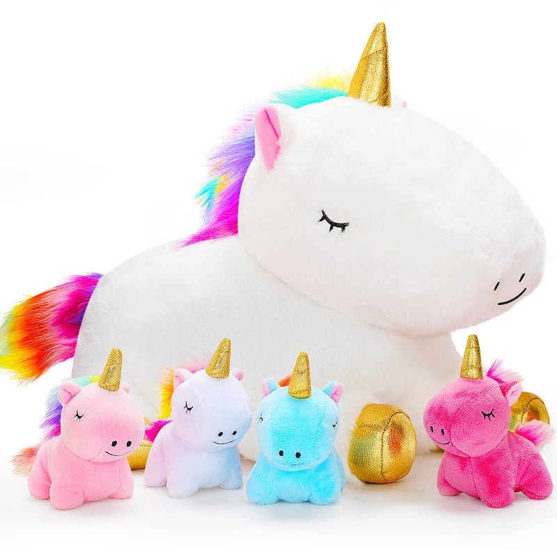 KMUYSL Toys for Girls Ages 0 1 2 3 4 5 6 7 8+ Years - Unicorn Mommy Stuffed Animal with 4 Baby Unicorns in Her Tummy, Soft Unicorn Plush Toys Set, Christmas Birthday Gifts for Baby, Toddler, Kids - Image 1