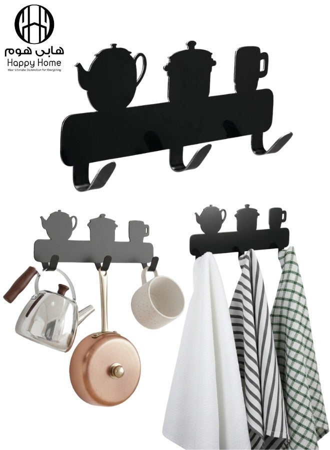 Happy Home Self-Adhesive Metal Kitchen Wall Hook Rack – 3-Hook Stick-On Organizer for Hanging Utensils, Pots, Pans, Whisks, and Towels – Decorative Teapot, Pot & Mug Design – Space-Saving Wall Mount, No Drilling Required – Durable & Stylish - Image 1