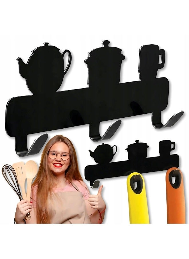 Happy Home Self-Adhesive Metal Kitchen Wall Hook Rack – 3-Hook Stick-On Organizer for Hanging Utensils, Pots, Pans, Whisks, and Towels – Decorative Teapot, Pot & Mug Design – Space-Saving Wall Mount, No Drilling Required – Durable & Stylish - Image 2