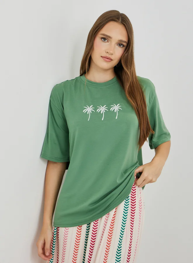 تايك تو Take Two Embroidered Round Neck T-Shirt