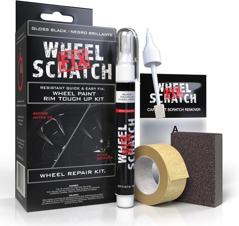 Wheel Scratch Fix طلاء لمسة أسود لامع للسيارات - مجموعة إصلاح عجلات الألمنيوم DIY، مزيل خدوش الرصيف مع قلم سريع الجفاف - طلاء جنوط السيارات بلمسة نهائية تدوم طويلاً للخشوش والرقائق في المنزل (أسود لامع) - Image 1