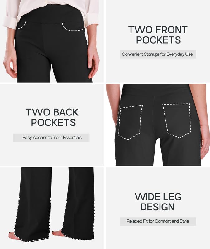 Houmous Wide Leg Pants Women Cotton Yoga Pants High Waist Loose Lounge Stretch Trousers with Pockets, 34 Inseam, Black, XL - Image 2