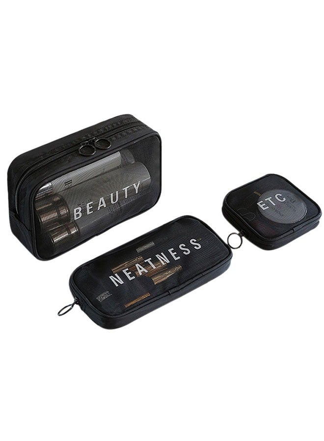 Mesh Makeup Bag, 3-Piece Set, Portable Zipper Cosmetic Bags for Travel,Toiletry Organizer Bag, Large Capacity Storage Pouches, Black - Image 1