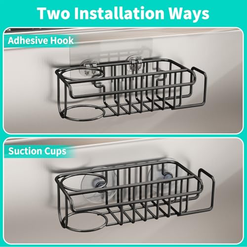 HapiRm 4 in 1 Adhesive Sponge Holder Sink Caddy, SUS304 Stainless Steel Brush Holder + Dish Cloth Hanger + Soap Rack + Sink Stopper Rack, No Drill Kitchen Sponge Caddy - Black - Image 2