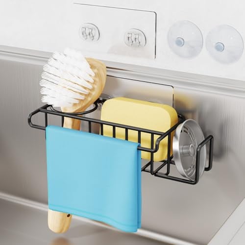 HapiRm 4 in 1 Adhesive Sponge Holder Sink Caddy, SUS304 Stainless Steel Brush Holder + Dish Cloth Hanger + Soap Rack + Sink Stopper Rack, No Drill Kitchen Sponge Caddy - Black - Image 1