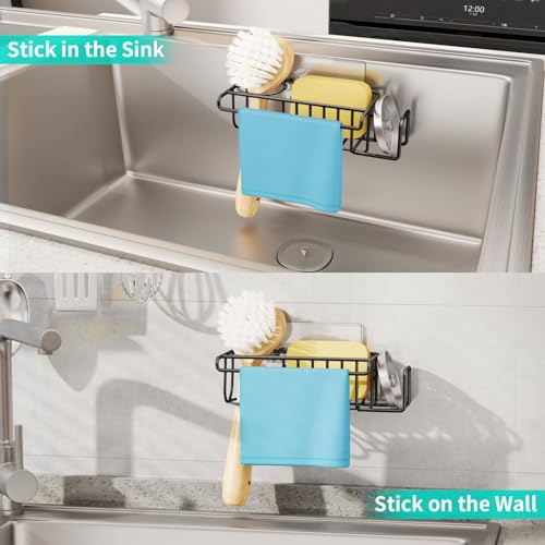 HapiRm 4 in 1 Adhesive Sponge Holder Sink Caddy, SUS304 Stainless Steel Brush Holder + Dish Cloth Hanger + Soap Rack + Sink Stopper Rack, No Drill Kitchen Sponge Caddy - Black - Image 5