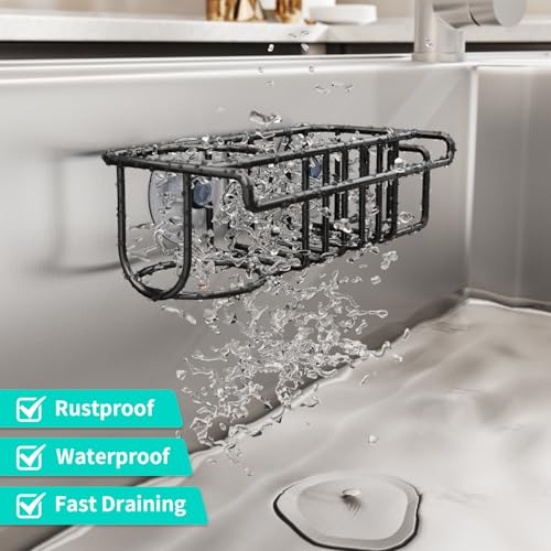 HapiRm 4 in 1 Adhesive Sponge Holder Sink Caddy, SUS304 Stainless Steel Brush Holder + Dish Cloth Hanger + Soap Rack + Sink Stopper Rack, No Drill Kitchen Sponge Caddy - Black - Image 3