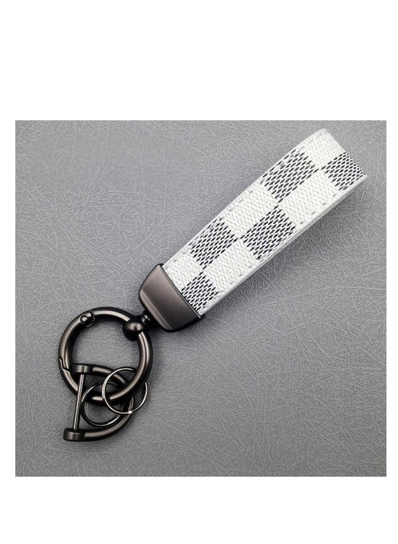 Generic White Plaid PU Leather Car Keychain – Metal Zinc Alloy 360° Rotating Ring, Universal Key Holder for Car/Home/Bag, Wrist Strap with Screwdriver – Elegant Grid Design**  - Image 1