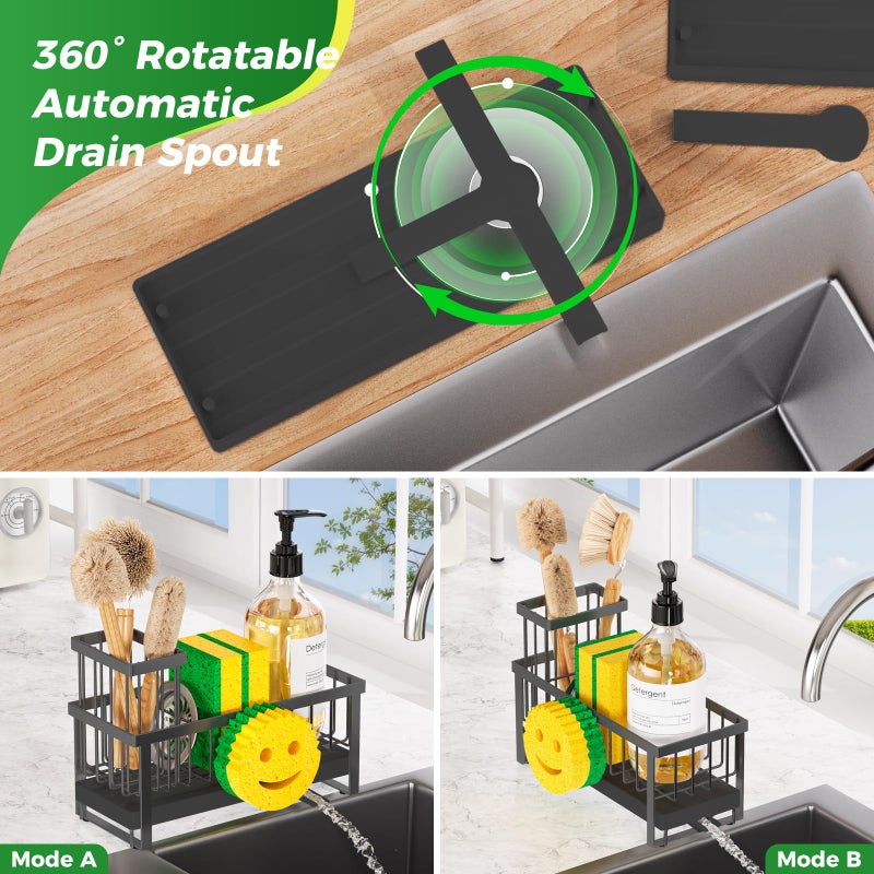 Taugast Sponge Holder for Kitchen Sink,Sink Caddy with Removable Dish Brush Holder,Self-Draining Kitchen Countertop Organizers and Storage Essentials,Soap Dispenser Organize and Home Decor-Black - Image 4
