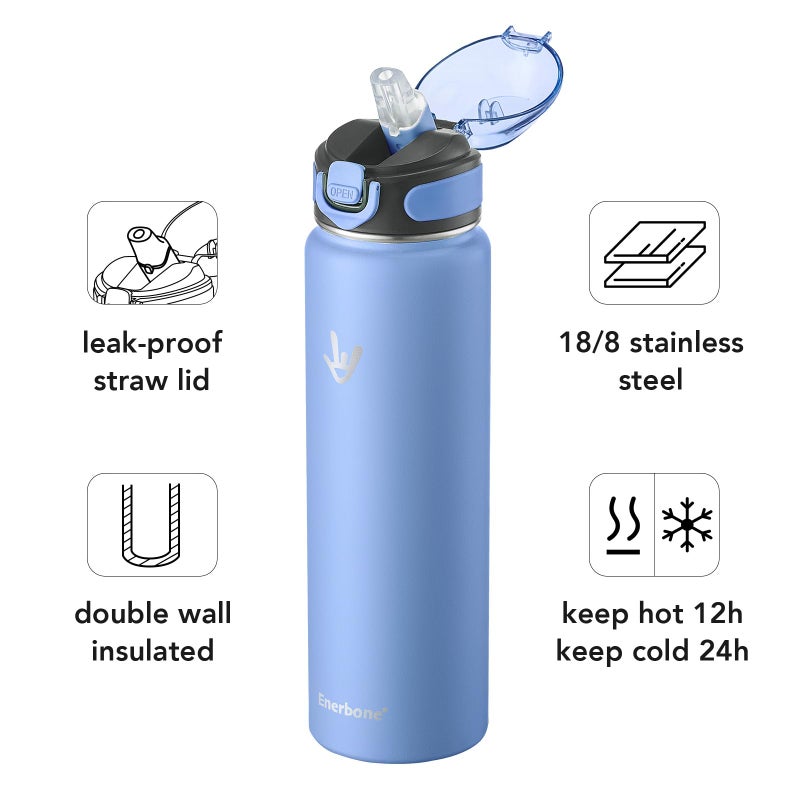 Enerbone 32 oz Insulated Water Bottle, Stainless Steel Bottle with Carrying Strap, Double-Wall Vacuum Insulation Design, Leakproof Sports Bottle with Straw, Keep Drinks Cold or Hot for Hours - Image 2