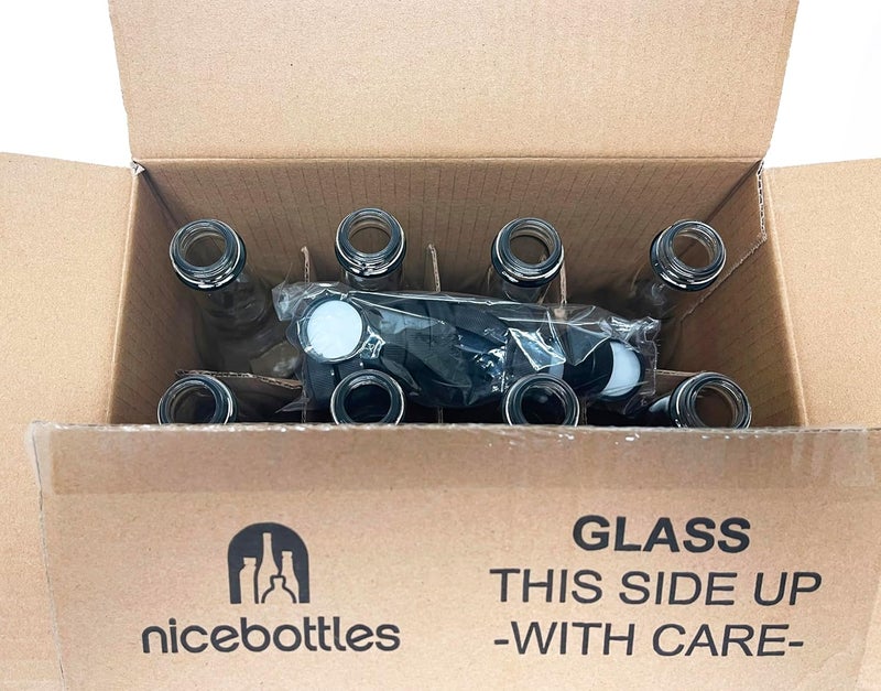 nicebottles - Clear Glass Woozy Bottles, 12 Oz (375ml) - Case of 12 Lovely Bottles Packed in Sturdy Box with 15 Black Screw Caps (Yes, That's 3 Extra Caps!) - Image 4