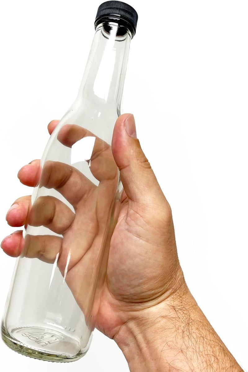 nicebottles - Clear Glass Woozy Bottles, 12 Oz (375ml) - Case of 12 Lovely Bottles Packed in Sturdy Box with 15 Black Screw Caps (Yes, That's 3 Extra Caps!) - Image 2