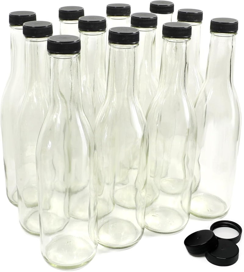 nicebottles - Clear Glass Woozy Bottles, 12 Oz (375ml) - Case of 12 Lovely Bottles Packed in Sturdy Box with 15 Black Screw Caps (Yes, That's 3 Extra Caps!) - Image 1