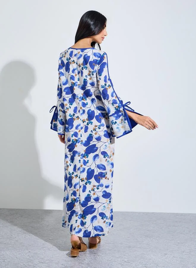 Styli Multi Blue Leaf Print Jalabiya with Tie-Up Neck for Women | Best Price UAE