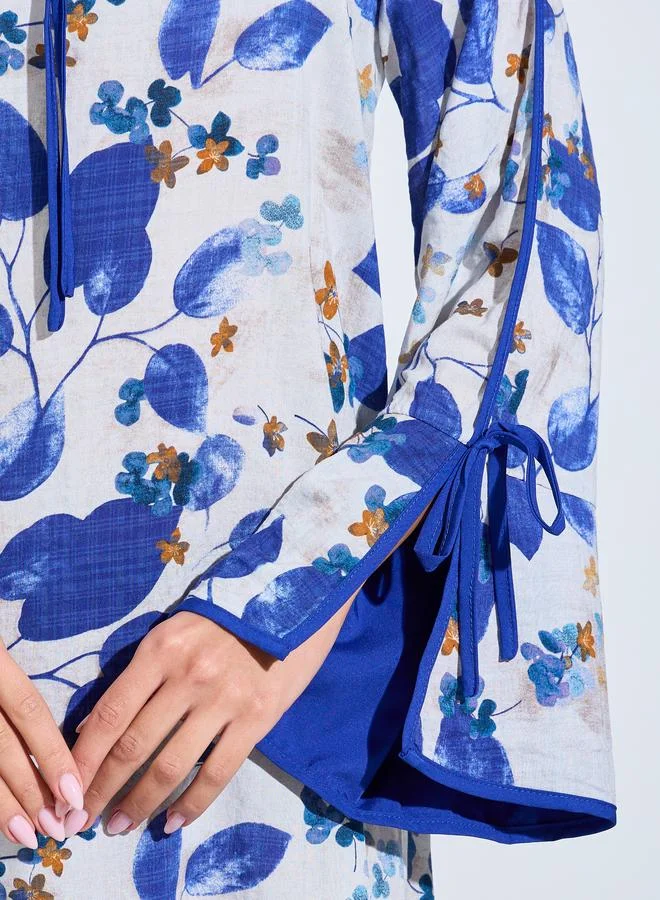 Styli Multi Blue Leaf Print Jalabiya with Tie-Up Neck for Women | Best Price UAE