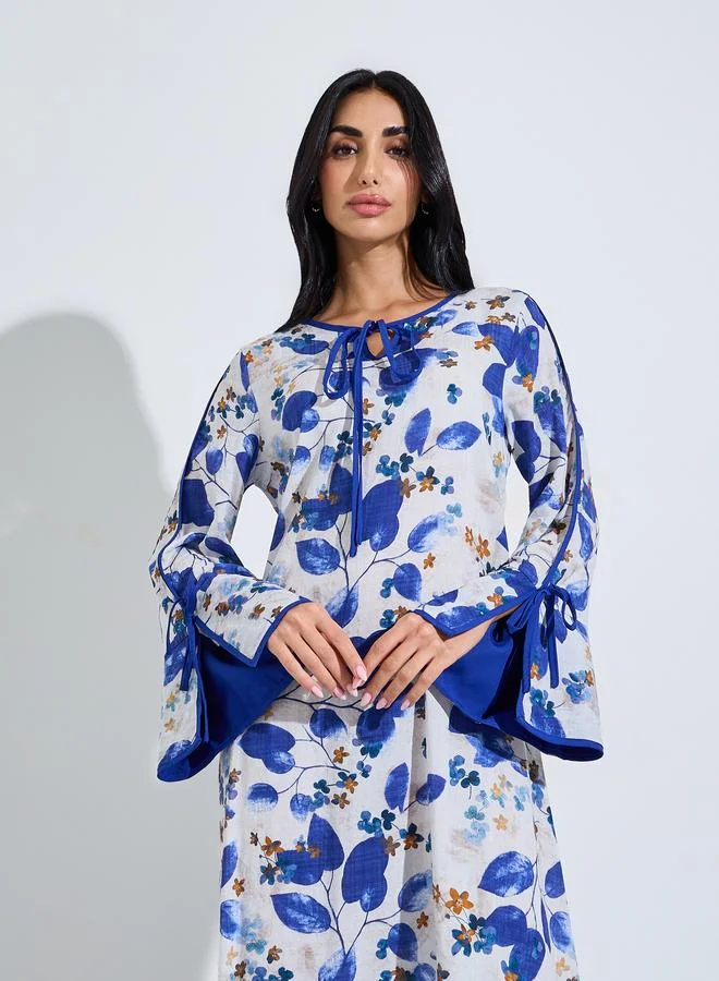 Styli Multi Blue Leaf Print Jalabiya with Tie-Up Neck for Women | Best Price UAE