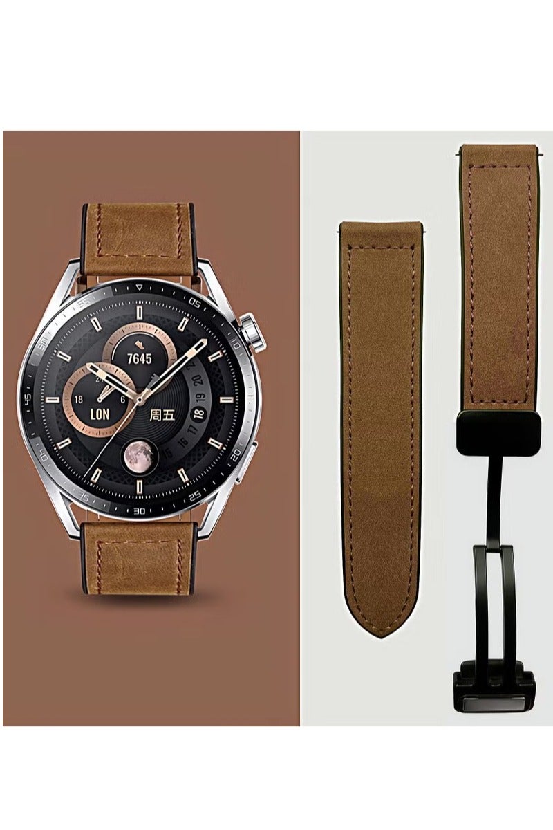 22mm Leather Watch Strap with Magnetic Buckle Design, Compatible with Huawei GT3/4 46mm, GT3 Pro, Huawei Watch 3, GT2e, GT2 Pro, GT2 42/46mm, Samsung Galaxy Watch 3 45mm/Gear S3 - Image 1