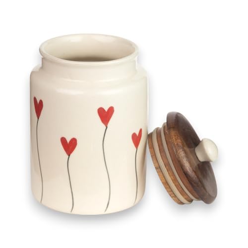 ClayStone Airtight Ceramic Jar - 900ml Each - Wooden Lid - Kitchen Containers for Sugar, Tea, Salt, Pickles, Pulses & More (Red Heart Lines) - Image 2