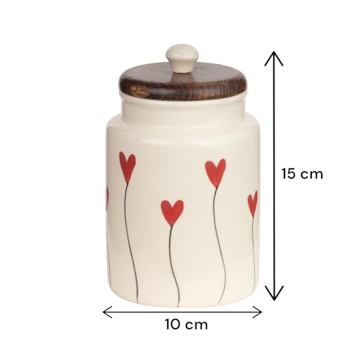 ClayStone Airtight Ceramic Jar - 900ml Each - Wooden Lid - Kitchen Containers for Sugar, Tea, Salt, Pickles, Pulses & More (Red Heart Lines) - Image 4
