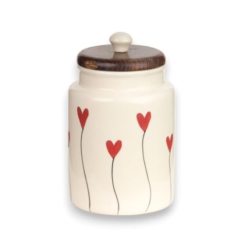 ClayStone Airtight Ceramic Jar - 900ml Each - Wooden Lid - Kitchen Containers for Sugar, Tea, Salt, Pickles, Pulses & More (Red Heart Lines) - Image 3