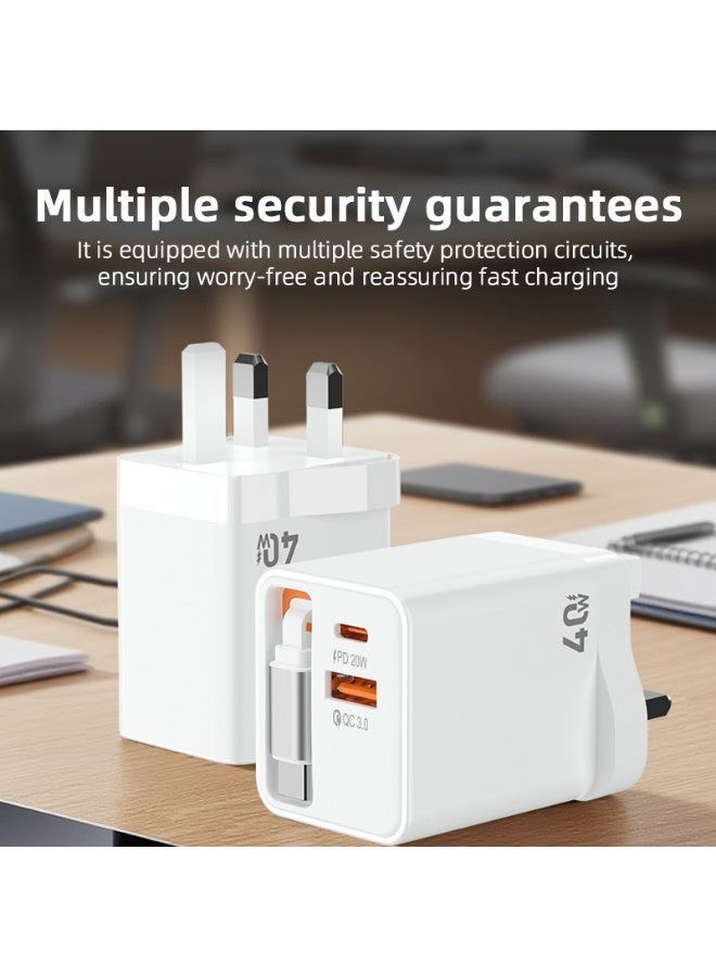 شاحن جداري سريع بقدرة 45 واط مع كابل Type-C قابل للسحب ومنفذي USB-A + USB-C. يدعم PD20W وQC3.0 لشحن أسرع وأمان أعلى، مناسب للهواتف، التابلت، الساعات الذكية وأجهزة الألعاب. - Image 3