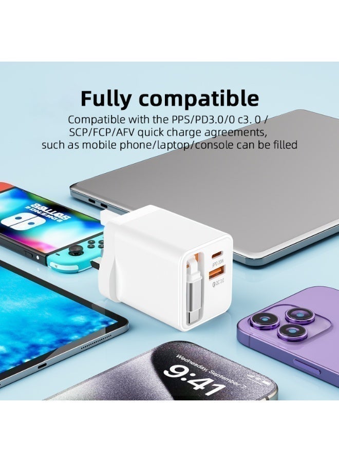 شاحن جداري سريع بقدرة 45 واط مع كابل Type-C قابل للسحب ومنفذي USB-A + USB-C. يدعم PD20W وQC3.0 لشحن أسرع وأمان أعلى، مناسب للهواتف، التابلت، الساعات الذكية وأجهزة الألعاب. - Image 4
