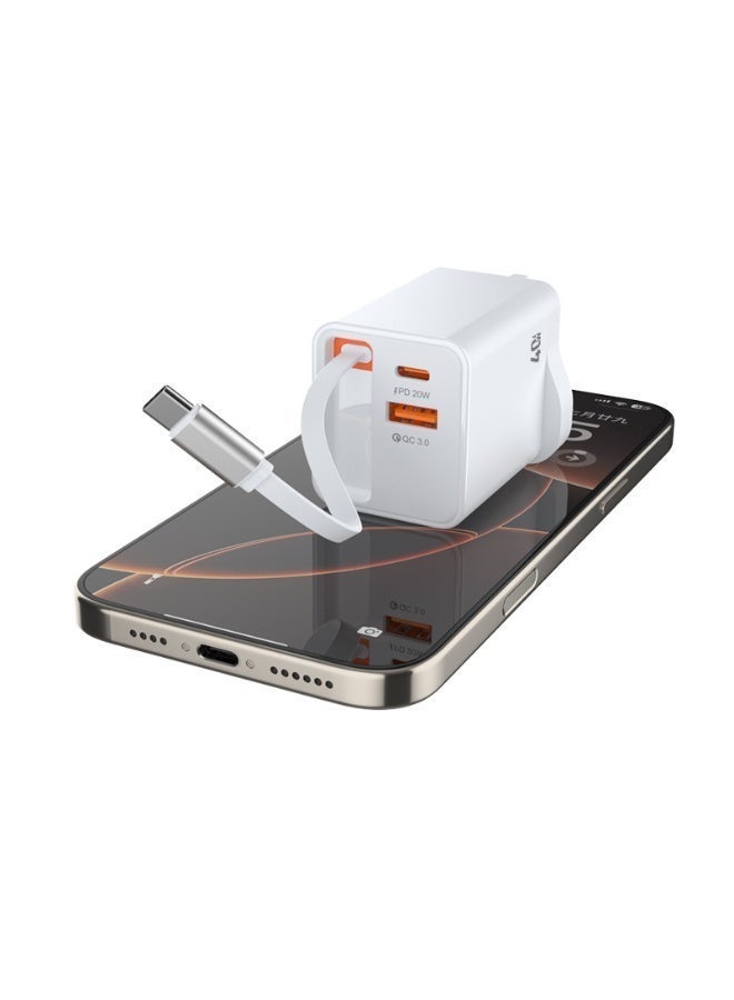 شاحن جداري سريع بقدرة 45 واط مع كابل Type-C قابل للسحب ومنفذي USB-A + USB-C. يدعم PD20W وQC3.0 لشحن أسرع وأمان أعلى، مناسب للهواتف، التابلت، الساعات الذكية وأجهزة الألعاب. - Image 2