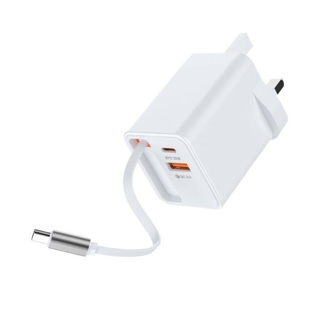 شاحن جداري سريع بقدرة 45 واط مع كابل Type-C قابل للسحب ومنفذي USB-A + USB-C. يدعم PD20W وQC3.0 لشحن أسرع وأمان أعلى، مناسب للهواتف، التابلت، الساعات الذكية وأجهزة الألعاب. - Image 1