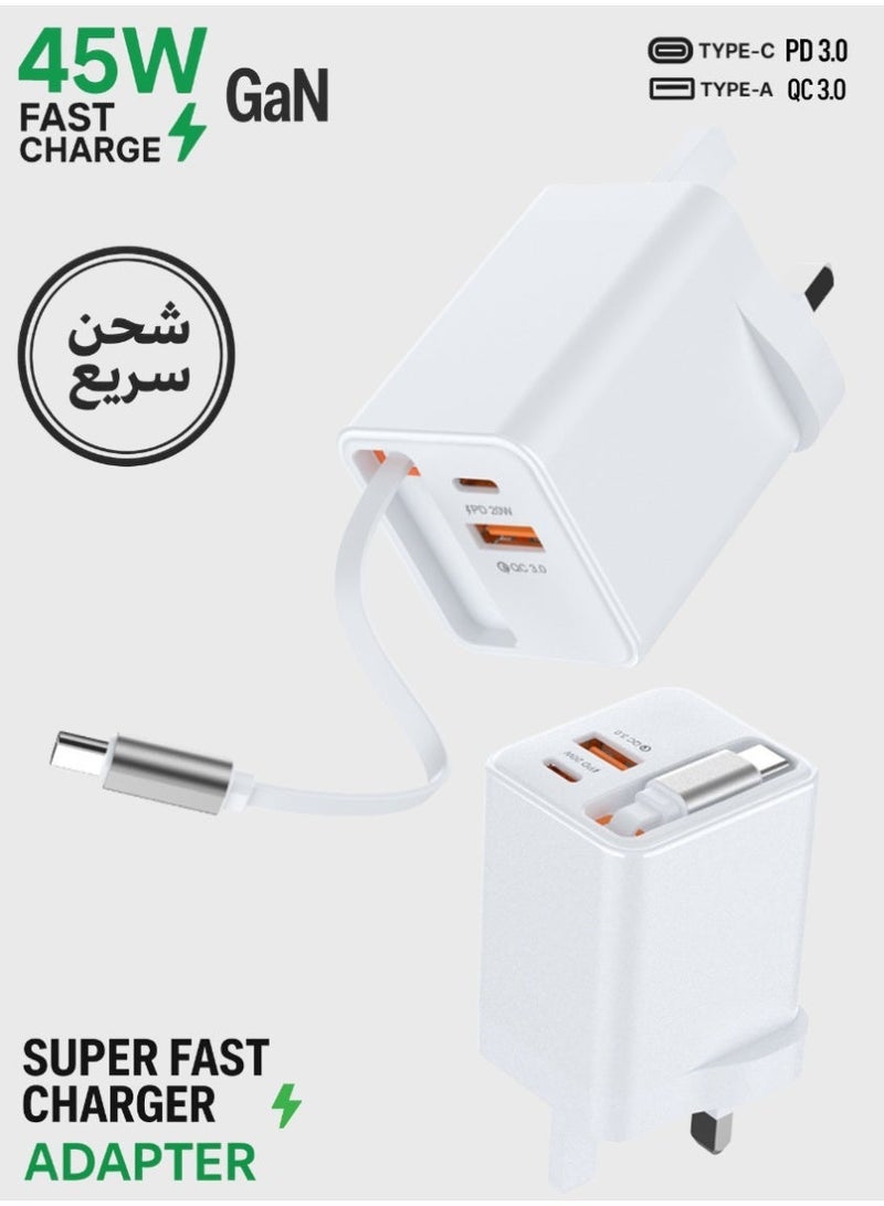 شاحن جداري سريع بقدرة 45 واط مع كابل Type-C قابل للسحب ومنفذي USB-A + USB-C. يدعم PD20W وQC3.0 لشحن أسرع وأمان أعلى، مناسب للهواتف، التابلت، الساعات الذكية وأجهزة الألعاب. - Image 1