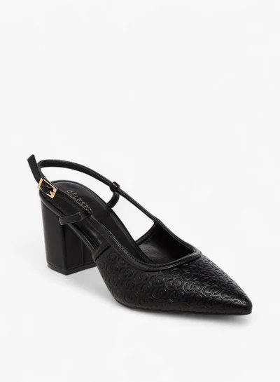 Celeste Women's Monogram Embossed Pointed Toe Shoes with Block Heels