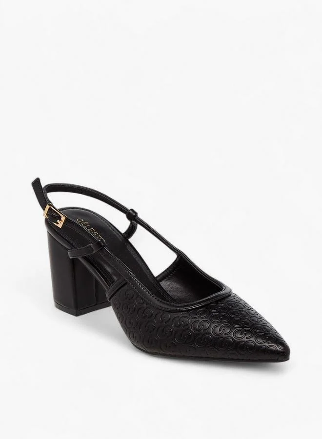 سيليست أحذية نسائية بنعل مدبب بنقش شعار وكعب مربع