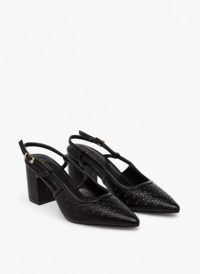 Celeste Women's Monogram Embossed Pointed Toe Shoes with Block Heels