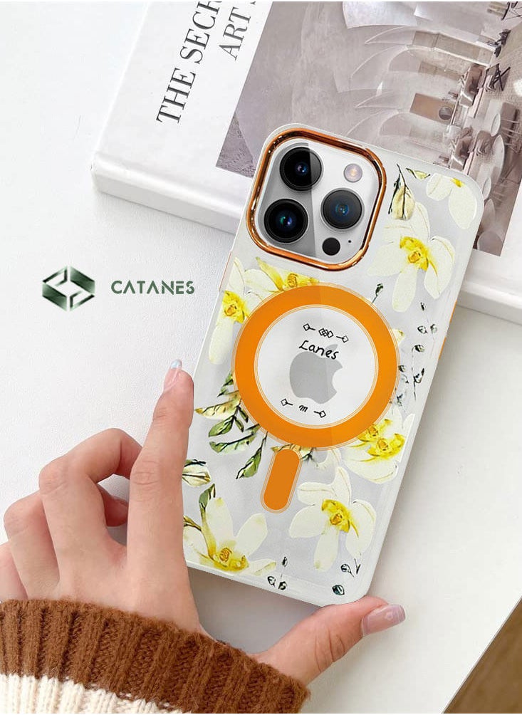 CATANES - Case for Apple iPhone 14 PRO MAX Floral Design Fashion Flower Compatible with MagSafe & Wireless Charging Cover YELLOW - Image 1