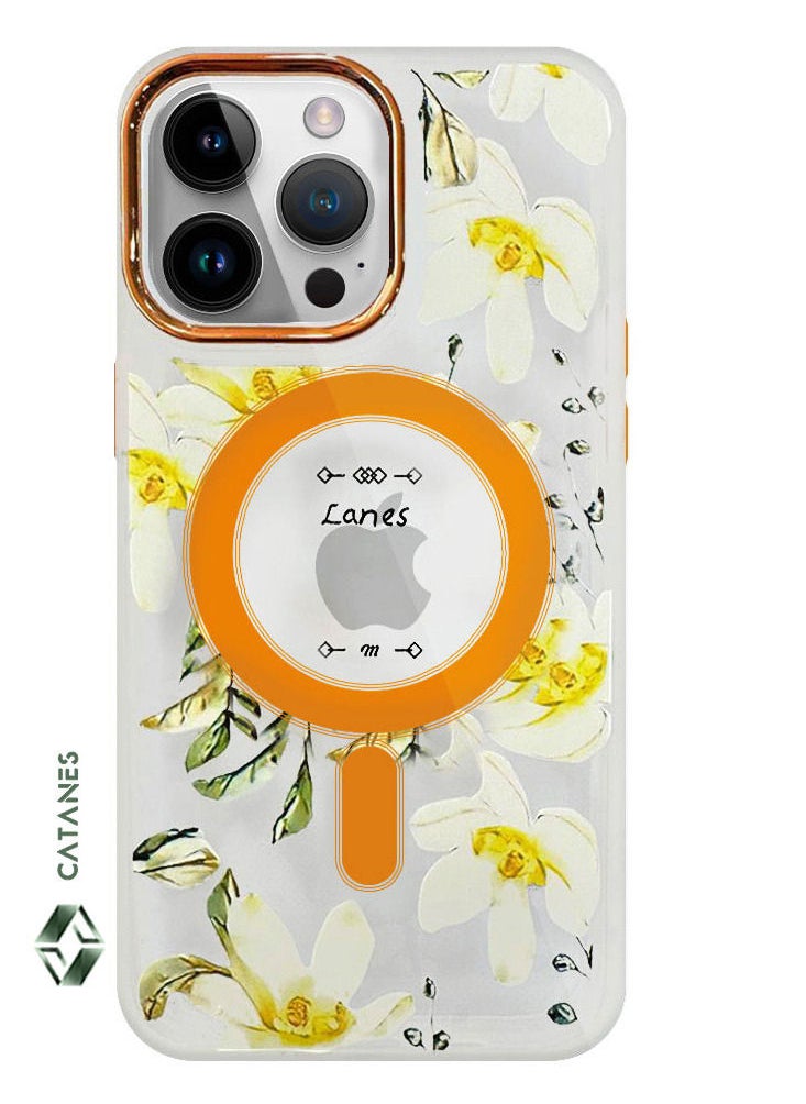 CATANES - Case for Apple iPhone 14 PRO MAX Floral Design Fashion Flower Compatible with MagSafe & Wireless Charging Cover YELLOW - Image 1