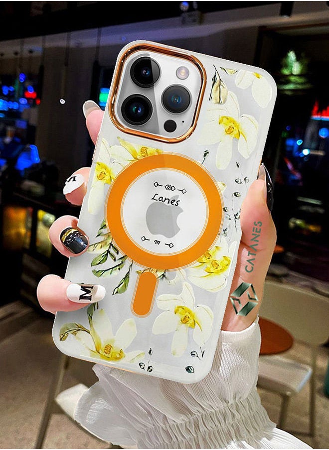 CATANES - Case for Apple iPhone 14 PRO MAX Floral Design Fashion Flower Compatible with MagSafe & Wireless Charging Cover YELLOW - Image 1