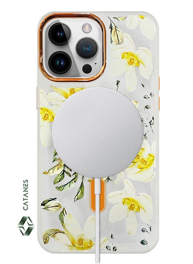 CATANES - Case for Apple iPhone 14 PRO MAX Floral Design Fashion Flower Compatible with MagSafe & Wireless Charging Cover YELLOW - Image 1