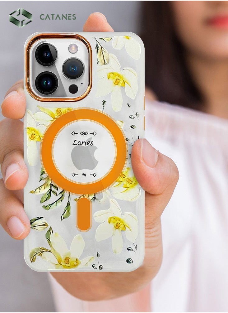 CATANES - Case for Apple iPhone 14 PRO MAX Floral Design Fashion Flower Compatible with MagSafe & Wireless Charging Cover YELLOW - Image 1