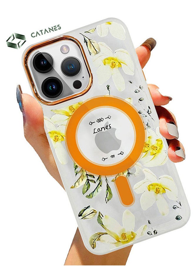 CATANES - Case for Apple iPhone 14 PRO MAX Floral Design Fashion Flower Compatible with MagSafe & Wireless Charging Cover YELLOW - Image 1