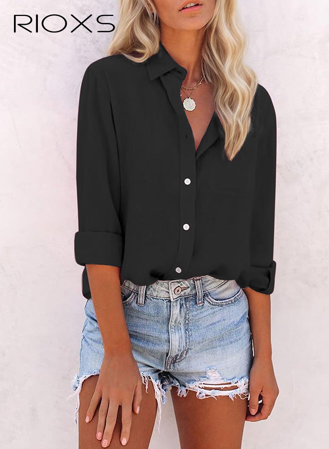 ريوكس قميص نسائي بأزرار، قميص كلاسيكي بأكمام طويلة وياقة، بلوزة عمل غير رسمية مريحة للسيدات، قمصان عمل أساسية خالية من التجاعيد ومريحة للاجتماعات التجارية، ملابس يومية غير رسمية، الحفلات، العطلات، والمزيد، أسود - Image 3