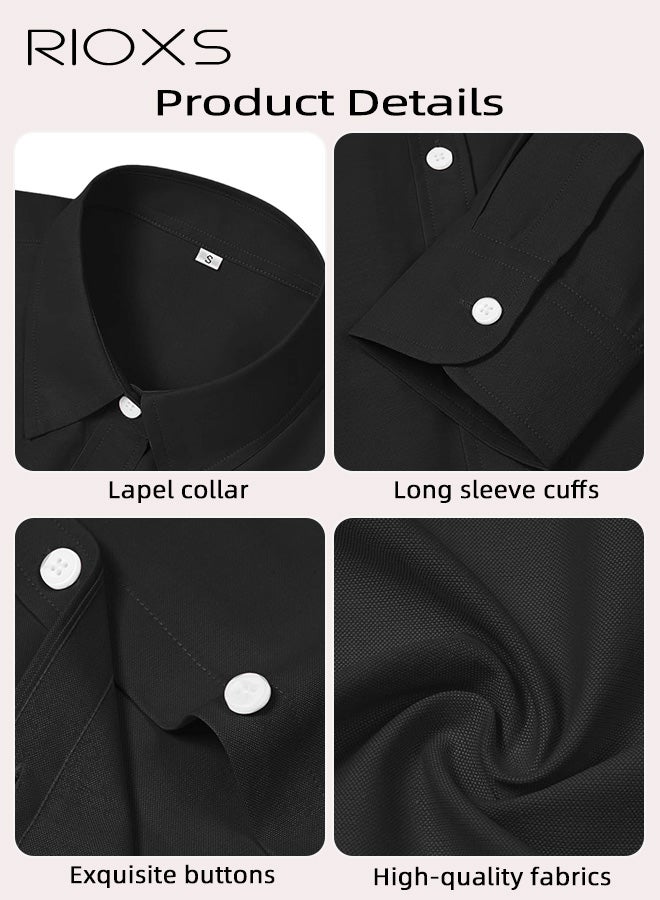ريوكس قميص نسائي بأزرار، قميص كلاسيكي بأكمام طويلة وياقة، بلوزة عمل غير رسمية مريحة للسيدات، قمصان عمل أساسية خالية من التجاعيد ومريحة للاجتماعات التجارية، ملابس يومية غير رسمية، الحفلات، العطلات، والمزيد، أسود - Image 4