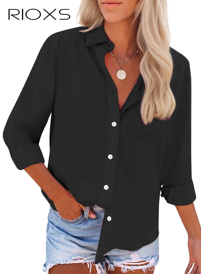 ريوكس قميص نسائي بأزرار، قميص كلاسيكي بأكمام طويلة وياقة، بلوزة عمل غير رسمية مريحة للسيدات، قمصان عمل أساسية خالية من التجاعيد ومريحة للاجتماعات التجارية، ملابس يومية غير رسمية، الحفلات، العطلات، والمزيد، أسود - Image 5
