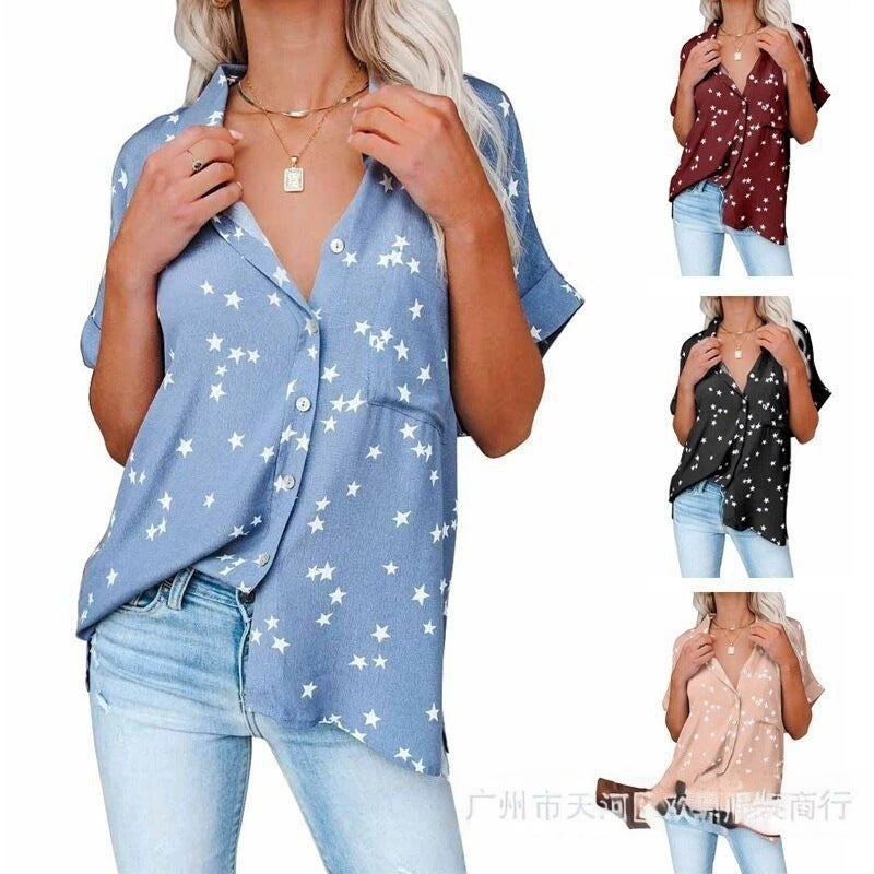 Women's Star Print V-Neck Short Sleeve Blouse - Image 1