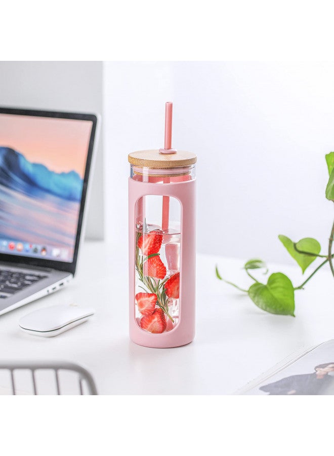 Kodrine 20oz Glass Water Tumble with Straw and Lid,Bamboo Lids Water Bottle, Iced Coffee Cup Reusable, Wide Mouth Smoothie Cups, Straw Silicone Protective Sleeve BPA FREE-Pink - Image 2