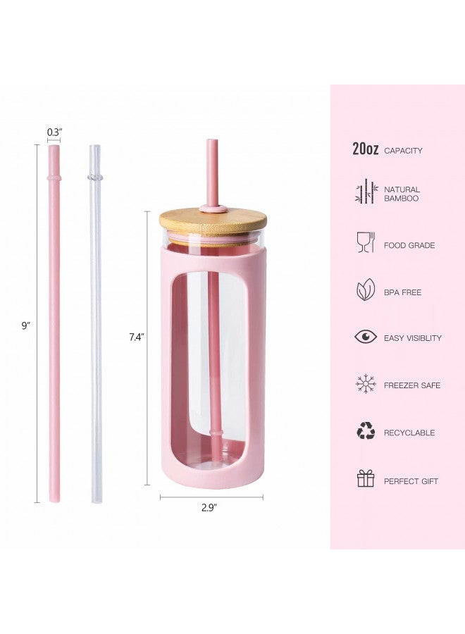 Kodrine 20oz Glass Water Tumble with Straw and Lid,Bamboo Lids Water Bottle, Iced Coffee Cup Reusable, Wide Mouth Smoothie Cups, Straw Silicone Protective Sleeve BPA FREE-Pink - Image 1