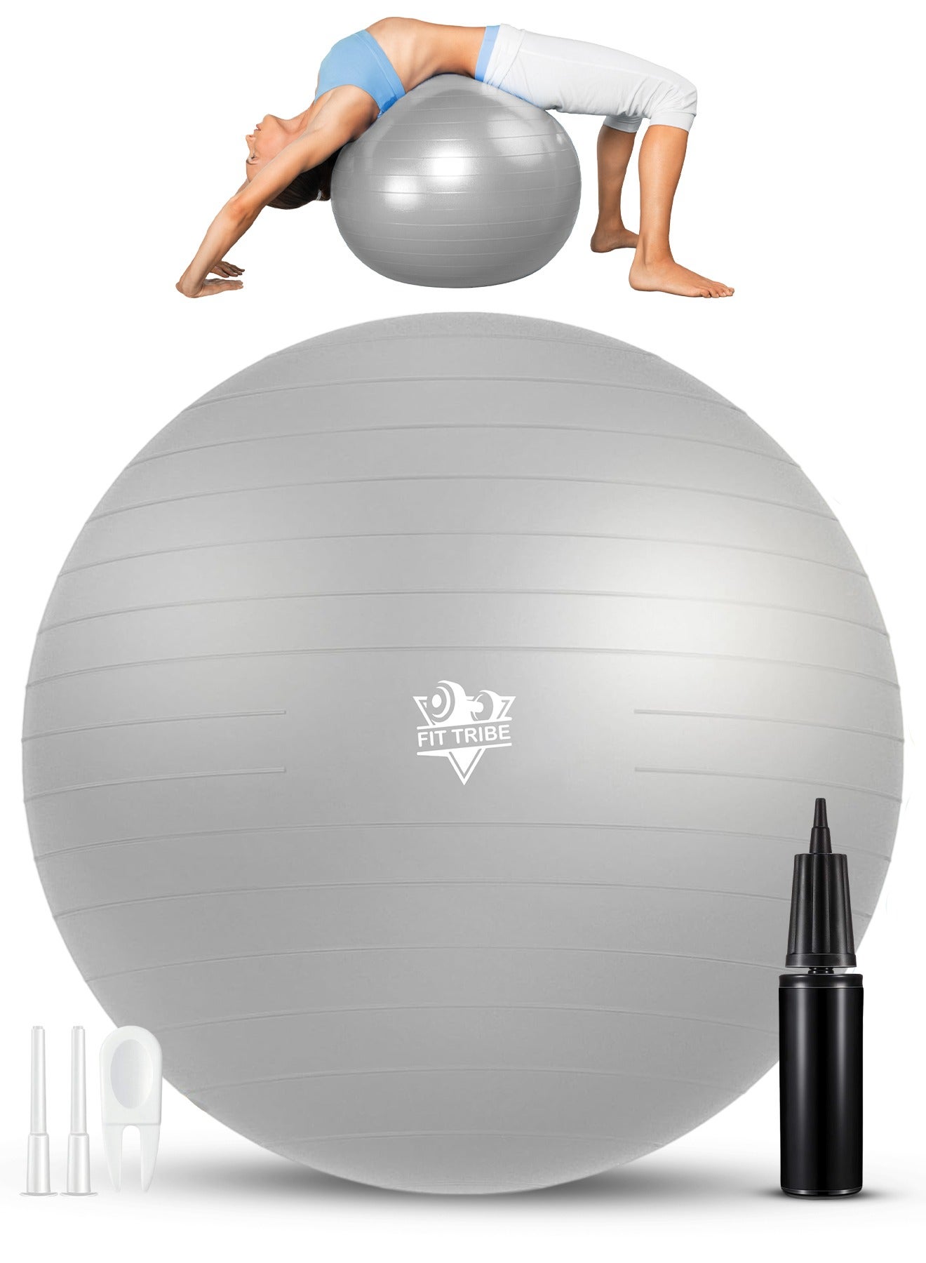 Yoga Ball with Air Pump - Anti-Burst, Slip-Resistant Exercise Ball for Gym Pilates, Balance Training, Stability, and Pregnancy - Supports 125KG, Fitness Gym Equipment (Silver)