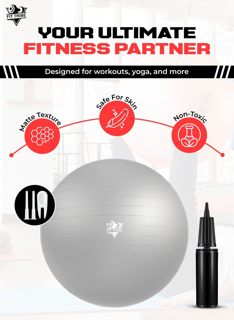 FIT TRIBE Yoga Ball with Air Pump - Anti-Burst, Slip-Resistant Exercise Ball for Gym Pilates, Balance Training, Stability, and Pregnancy - Supports 125KG, Fitness Gym Equipment (Silver) - Image 2