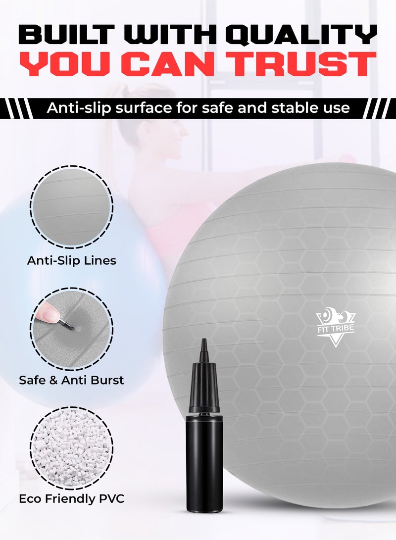 FIT TRIBE Yoga Ball with Air Pump - Anti-Burst, Slip-Resistant Exercise Ball for Gym Pilates, Balance Training, Stability, and Pregnancy - Supports 125KG, Fitness Gym Equipment (Silver) - Image 3