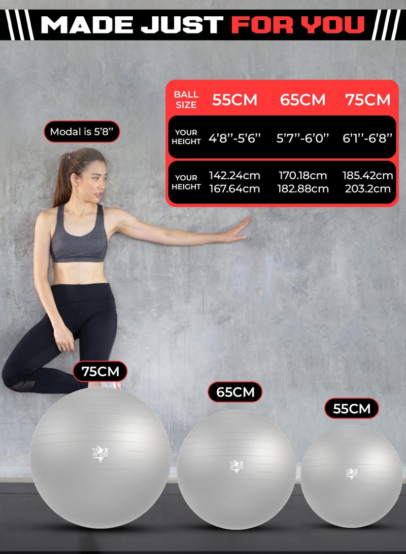 FIT TRIBE Yoga Ball with Air Pump - Anti-Burst, Slip-Resistant Exercise Ball for Gym Pilates, Balance Training, Stability, and Pregnancy - Supports 125KG, Fitness Gym Equipment (Silver) - Image 4