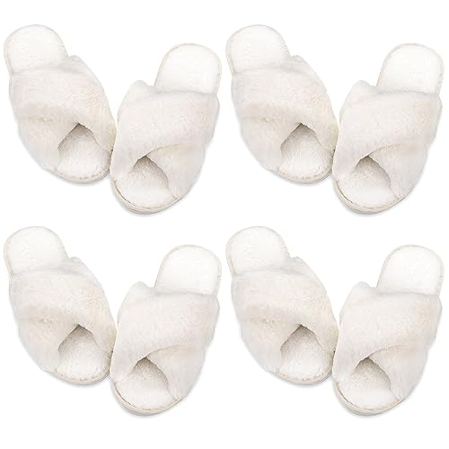 Newcotte 4 Pairs Women's Fuzzy Slippers Bridesmaid Slippers Open Toe Cross Band Plush Furry House Soft Fluffy Cozy(White,7-8) - Image 1